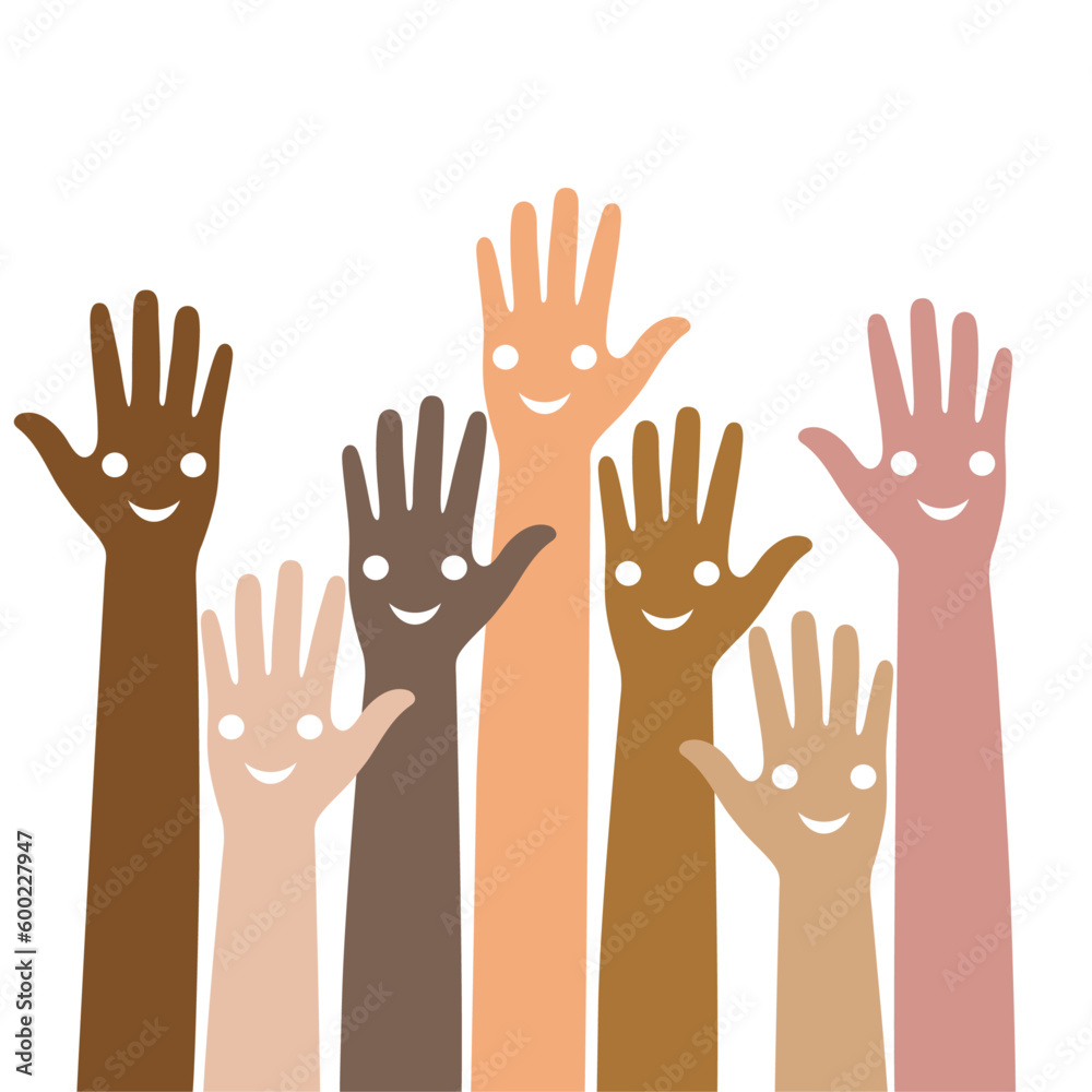 World Volunteer Day logo illustration.Hands up different peoples of the world on a white background