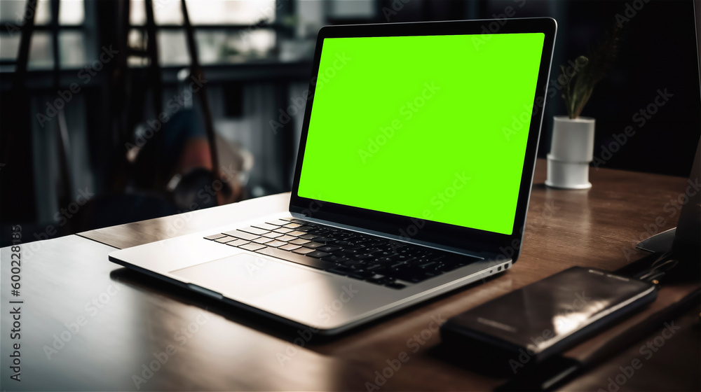 greenscreen laptop in an office, generativ AI greenscreen laptop in an office, generativ AI