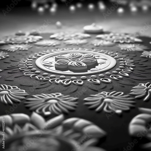 A close-up shot of a vibrant Rangoli design captured in classic black and white film style, with soft studio lighting and a serene morning time of day, Created with generative Ai Technology.