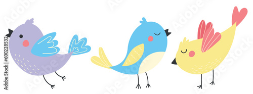 Set of bright cute colorful birds with spring flowers. Vector birds are drawn in a modern style. Illustrations for postcard, banner and poster templates. Birds isolated on white background