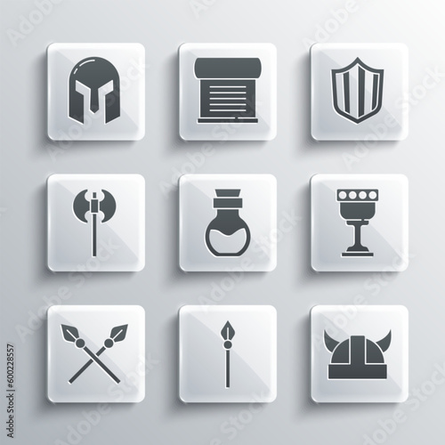 Set Medieval spear, Viking in horned helmet, goblet, Poison bottle, Crossed medieval spears, axe, iron and Shield icon. Vector