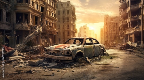 illustration destroyed car against the of destroyed houses. AI generation