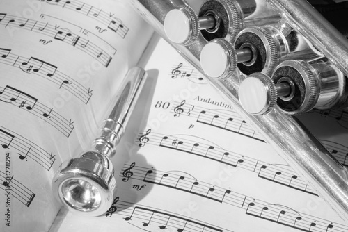 A view of the musical instrument which is the trumpet against the background of the sheet music