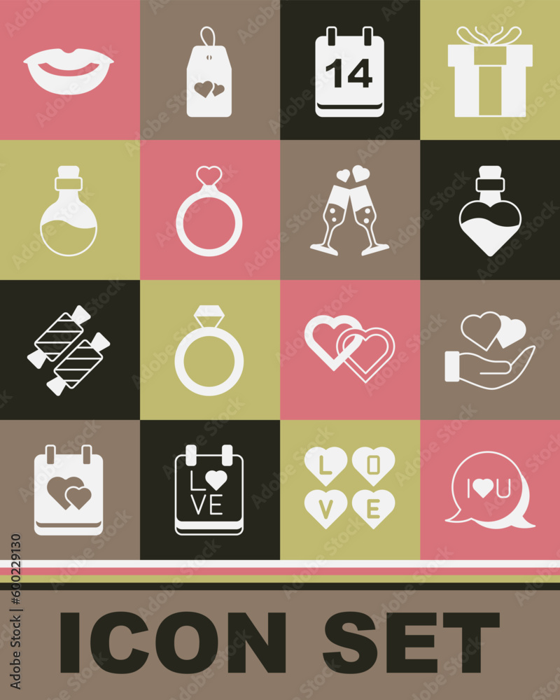 Set Speech bubble text I love you, Heart in hand, Bottle with potion, Calendar February 14, Wedding rings, Smiling lips and Glass of champagne icon. Vector