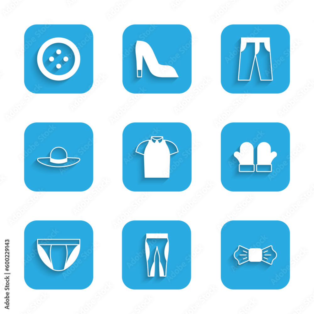 Set Polo shirt, Leggings, Bow tie, Christmas mittens, Men underpants, Elegant women hat, Pants and Sewing button for clothes icon. Vector Set Polo shirt, Leggings, Bow tie, Christmas mittens, Men underpants, Elegant women hat, Pants and Sewing button for clothes icon. Vector