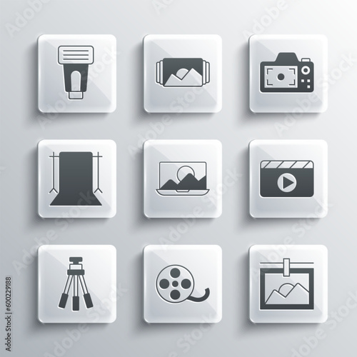 Set Film reel, Photo frame, Movie clapper, retouching, Tripod, Empty photo studio, camera flash and icon. Vector