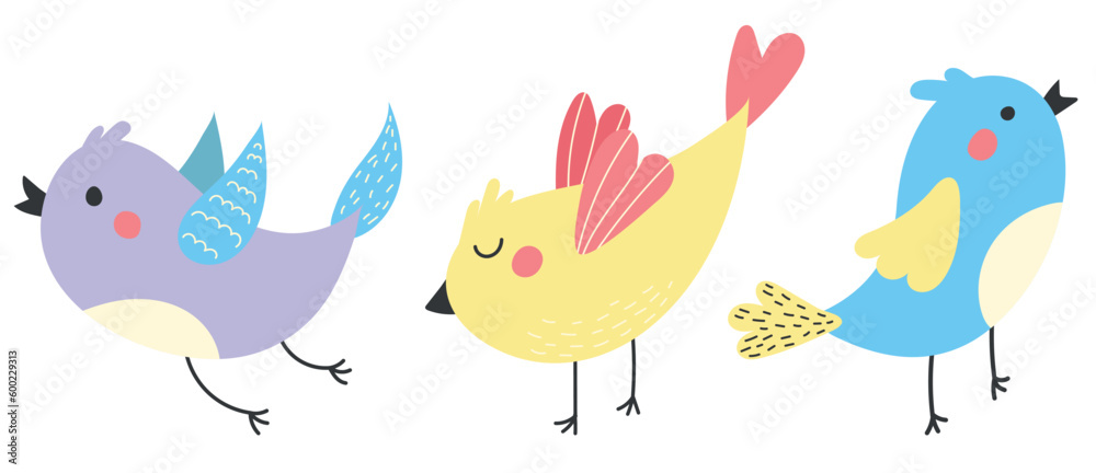 Set of bright cute colorful birds with spring flowers. Vector birds are drawn in a modern style. Illustrations for postcard, banner and poster templates. Birds isolated on white background
