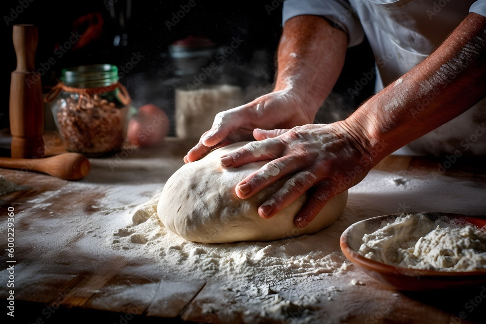 A chef kneads fresh dough before making a delicious pizza. Lots of flour dusting the table and hands. Generative AI.