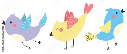 Set of bright cute colorful birds with spring flowers. Vector birds are drawn in a modern style. Illustrations for postcard, banner and poster templates. Birds isolated on white background