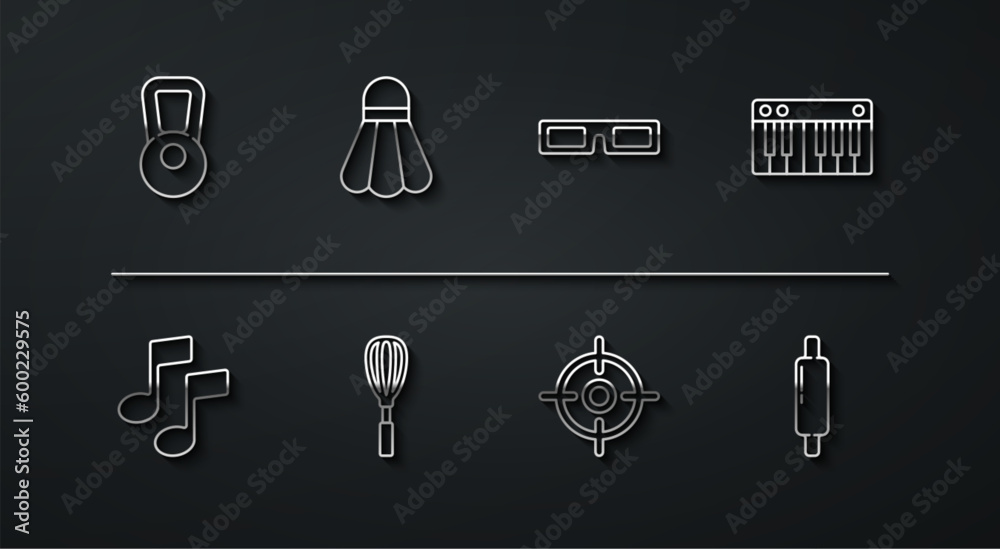 Set line Kettlebell, Music note, tone, synthesizer, Target sport, Kitchen whisk, Badminton shuttlecock, Rolling pin and Cinema glasses icon. Vector Set line Kettlebell, Music note, tone, synthesizer, Target sport, Kitchen whisk, Badminton shuttlecock, Rolling pin and Cinema glasses icon. Vector