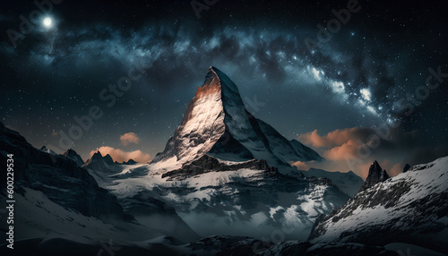 panoramic view to the majestic Matterhorn mountain at night. Valais