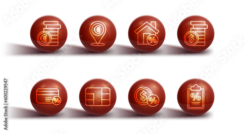 Set line Coin money with euro symbol, Discount card percent, dollar, Money coin, Credit chip, Cash location, Finance document and House percant discount icon. Vector