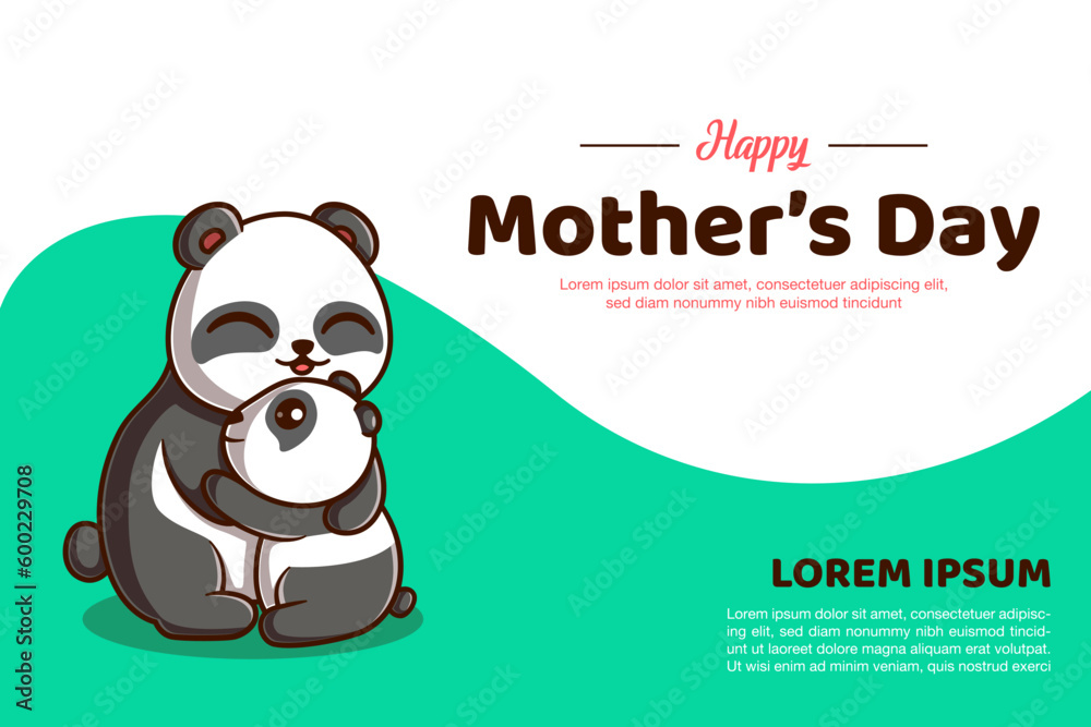 Mothers Day Vector Banner Illustration With Cute Baby Panda Hugging Panda Mom Cartoon Character