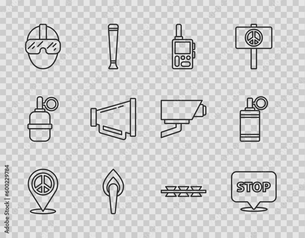 Set line Location peace, Protest, Walkie talkie, Torch flame, Special forces soldier, Megaphone, Barbed wire and Hand grenade icon. Vector Set line Location peace, Protest, Walkie talkie, Torch flame, Special forces soldier, Megaphone, Barbed wire and Hand grenade icon. Vector