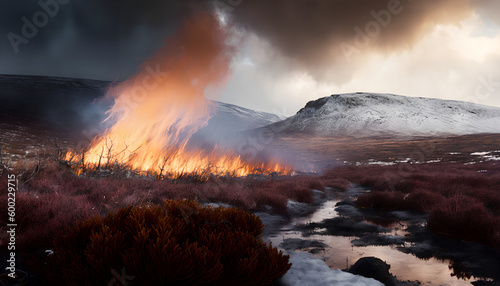The controlled burning of heather moorland (swailing or muirburn) in winter on the slopes of Sgor Mor south of Braemar