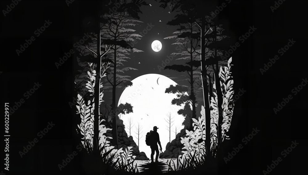 an adventurer exploring a forest in search of a moonshot