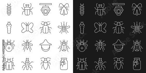 Set line Spider in jar, Beetle bug, Mosquito, Hive for bees, Butterfly, Larva insect, Centipede and Chafer beetle icon. Vector