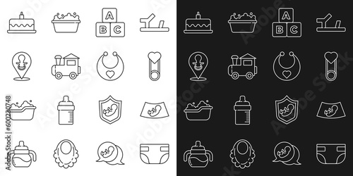 Set line Baby absorbent diaper, Ultrasound of baby, clothes pin, ABC blocks, Toy train, dummy pacifier, Cake with burning candles and bib icon. Vector