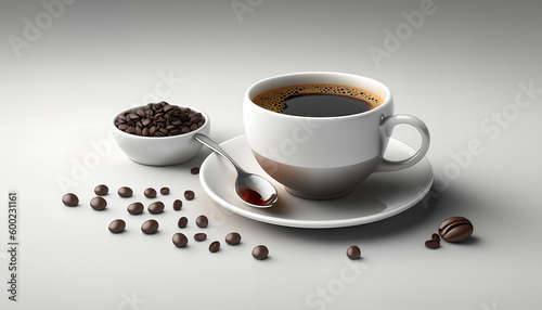 Coffee cup and beans on white background