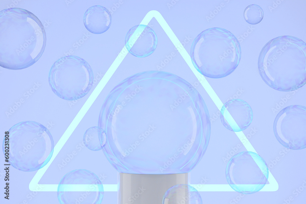 Soap bubble on pedestal with triangle neon lighting. Copy space. Soap bubble on pedestal with triangle neon lighting. Copy space.