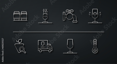 Set line Wooden barrel for wine, Grapes, Wine glass, truck, tasting, degustation, Meteorology thermometer and Tap icon. Vector