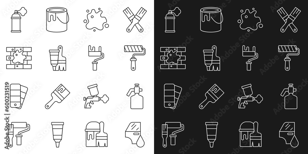 Set line Car painting, Paint spray gun, roller brush, Tube with and, Painting the house, can and icon. Vector