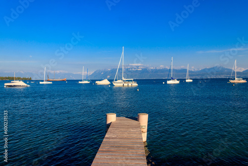 Wooden pier overlooking the Alps and Lake Geneva in Switzerland