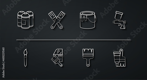 Set line Paint spray can, brush, gun, Car painting, Tube with and and bucket icon. Vector