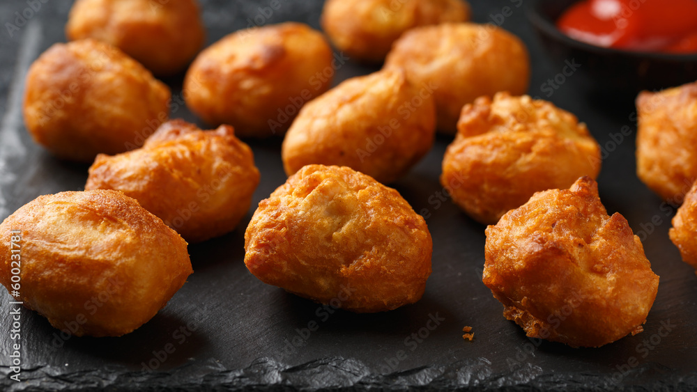 Battered chicken balls with tomato ketchup, party finger food concept Battered chicken balls with tomato ketchup, party finger food concept