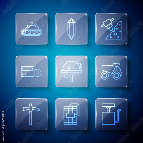 Set line Pickaxe, Dynamite, Handle detonator, Construction jackhammer, Miner helmet, Flashlight, Conveyor belt carrying coal and Mining dump truck icon. Vector