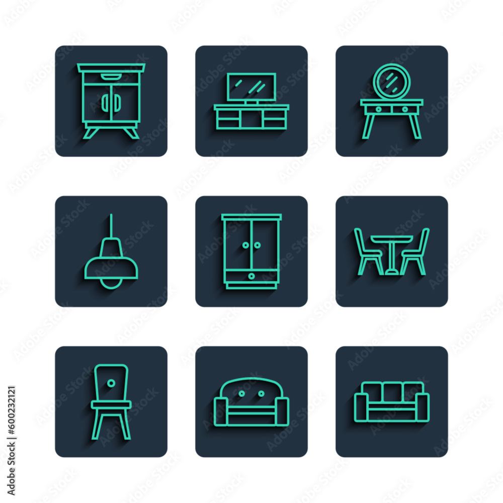 Set line Chair, Armchair, Sofa, Dressing table, Wardrobe, Lamp hanging, Furniture nightstand and Table with icon. Vector Set line Chair, Armchair, Sofa, Dressing table, Wardrobe, Lamp hanging, Furniture nightstand and Table with icon. Vector