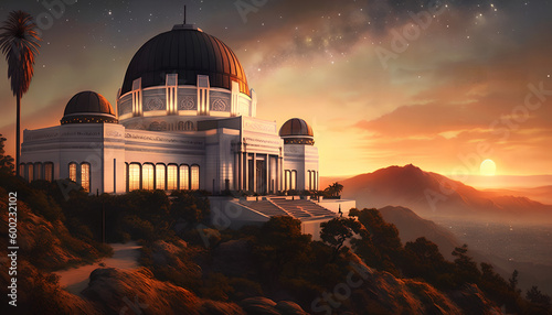 Photo Historic famous Griffith Park Observatory at Sunset with Los Angeles city lights