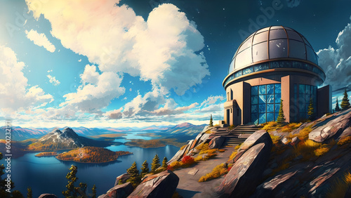 science observatory mountain panoramic sky sunny sunshine panning lake shore blue clouds