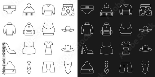 Set line Swimsuit, Man hat, Elegant women, Sweater, School backpack, Men underpants and Female crop top icon. Vector