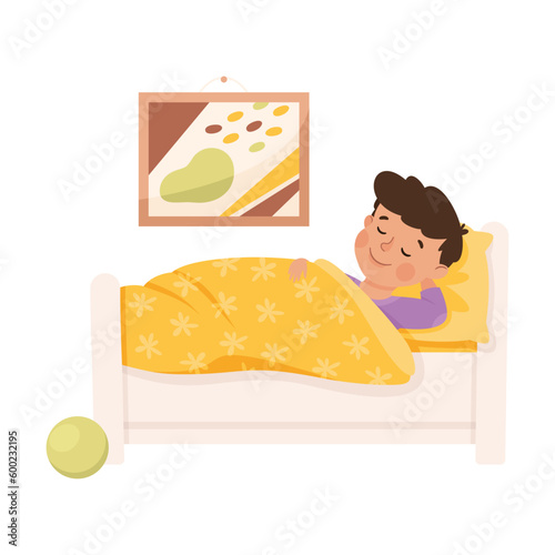 Little Boy Sleeping in His Bed Under Blanket Having Night Rest Vector Illustration