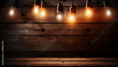 dark wooden background illuminated by retro light bulbs, with copy space
