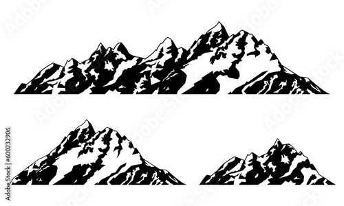 Mountain set. Rocky Mountains silhouette with snow peaks. Landscape design element. Vector illustration.