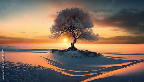 Winter sunset landscape with tree and snow field