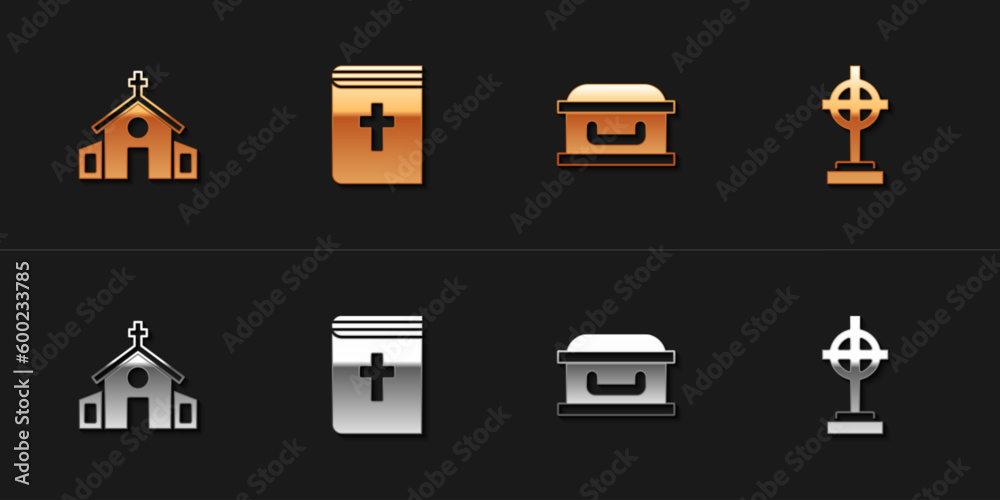 Set Church building, Holy bible book, Coffin with cross and Grave icon. Vector Set Church building, Holy bible book, Coffin with cross and Grave icon. Vector
