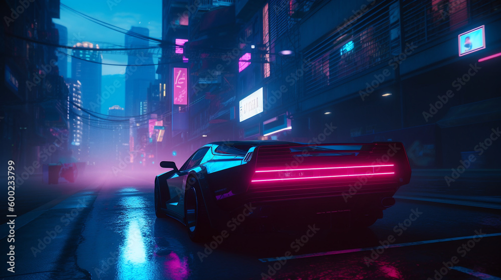 Fototapeta premium Cyberpunk Velocity: A Generative AI Cinematic Sports Car Racing Through Neon Streets