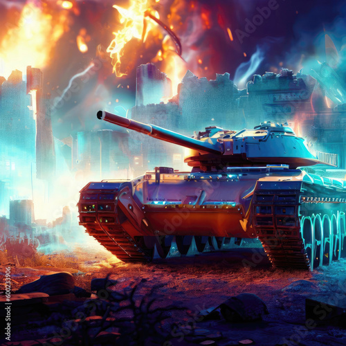 Modern battle tank against the backdrop of neon urban destruction