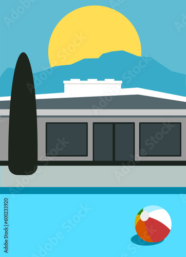 Mid-century modern minimalist backyard pool design set with diving board and beach ball with sunset #600233920