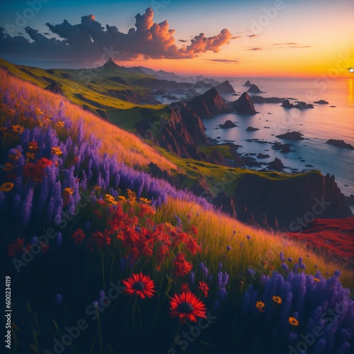 field of wildflowers or a sunset over the ocean - Ai generative