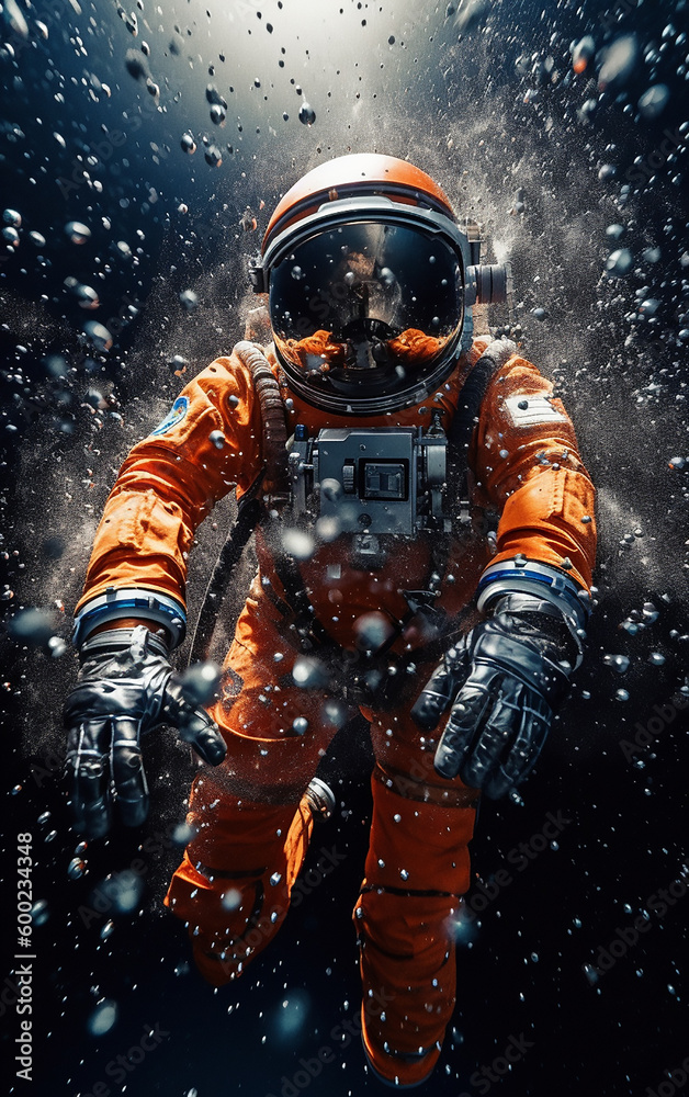 Astronaut suspended in a cosmic dance, surrounded by shimmering droplets, capturing the serenity of space. Astronaut suspended in a cosmic dance, surrounded by shimmering droplets, capturing the serenity of space.