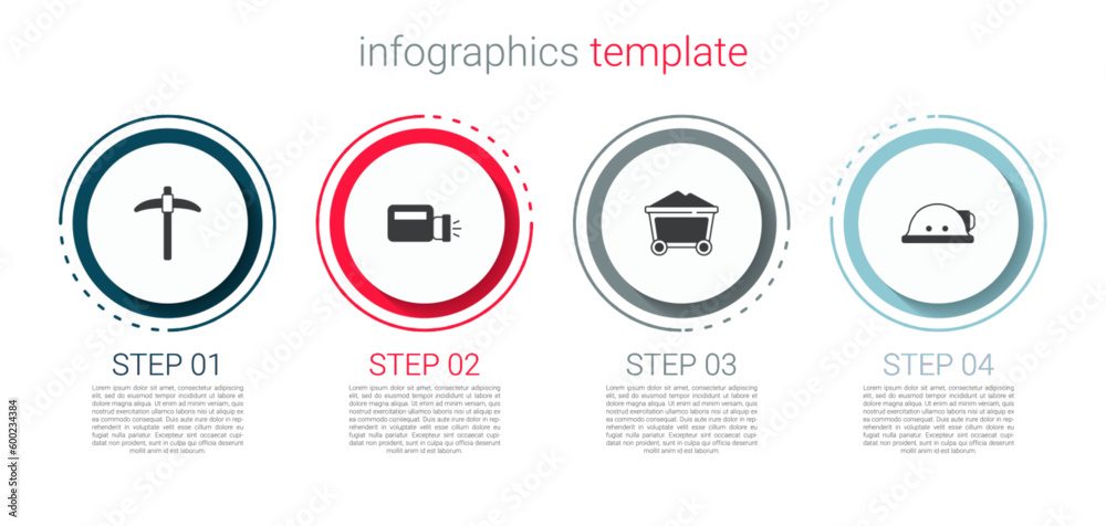 Set Pickaxe, Flashlight, Mine coal trolley and Miner helmet. Business infographic template. Vector Set Pickaxe, Flashlight, Mine coal trolley and Miner helmet. Business infographic template. Vector