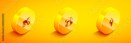 Set Isometric Mining dump truck, Mine entrance and Gem stone icon. Vector