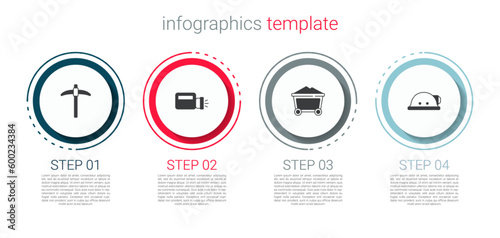 Set Pickaxe, Flashlight, Mine coal trolley and Miner helmet. Business infographic template. Vector