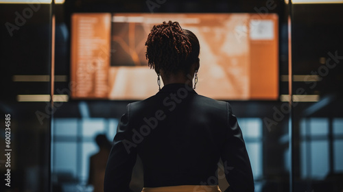 Visionary Leader: A Generative AI Imagined African American Businesswoman Gazing at a Large Screen