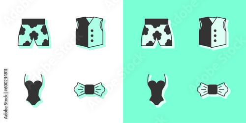 Set Bow tie, Swimming trunks, Swimsuit and Waistcoat icon. Vector