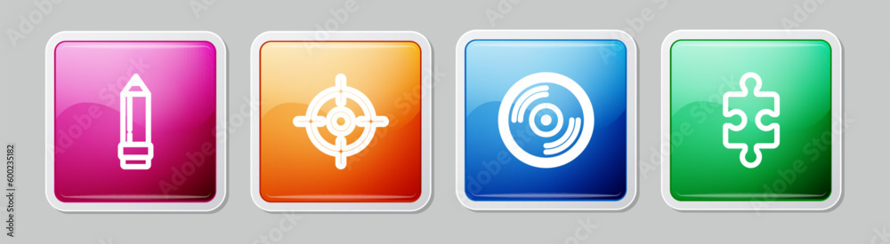 Set line Pencil with eraser, Target sport, Vinyl disk and Piece of puzzle. Colorful square button. Vector Set line Pencil with eraser, Target sport, Vinyl disk and Piece of puzzle. Colorful square button. Vector